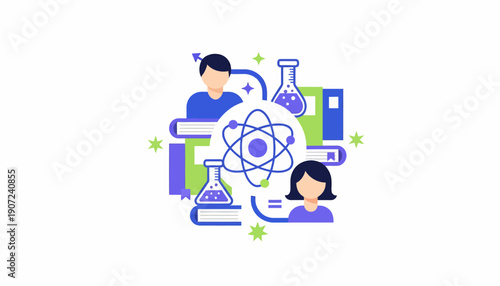 Illustration of a little girl and a female scientist surrounded by science equipment on World Day of Woman and Girls in Science with a design icon for gender equality in a colorful graphic.