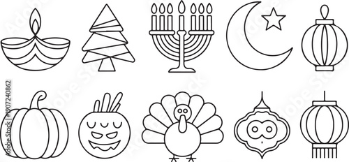 Multi-Faith Holiday and Festival Line Art Icon Collection
