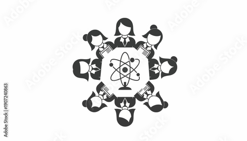 Illustration of diverse people forming a circle around an atom symbol, celebrating World Day of Woman and Girls in Science with a design icon, in a simple and symbolic graphic