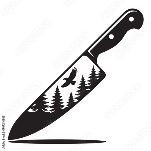 A compelling minimalist graphic icon showcasing a chef's knife with a creative cutout silhouette of a tranquil pine forest and a soaring eagle, blending culinary art with wilderness spirit