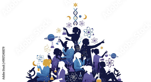 Illustration of people celebrating World Day of Woman and Girls in Science with a female scientist and little girl in a design icon for the event.