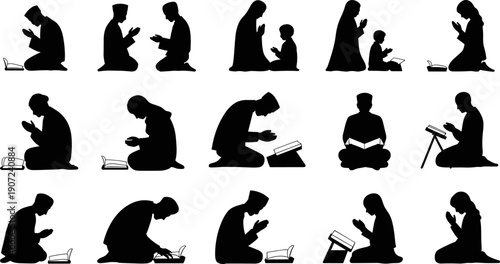 Silhouettes of people praying and reading holy book, diverse worship postures, spiritual devotion, Islamic culture, faith illustration, communal religious heritage concept