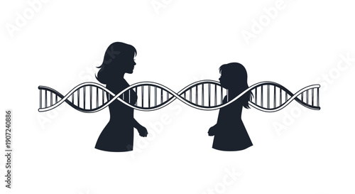Vector illustration of a little girl and woman scientist facing each other with a DNA double helix in between on World Day of Woman and Girls in Science.