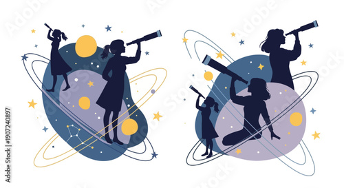 Illustration of silhouetted girls and women using telescopes on planets with stars and rings on World Day of Woman and Girls in Science.