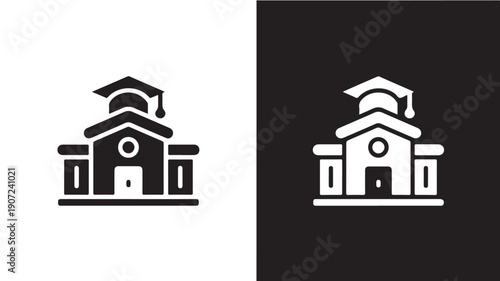 Two minimalist icons depicting a school building with a graduation cap, presented in both black and white