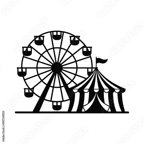 A black silhouette of a Ferris wheel and a circus tent on a white background