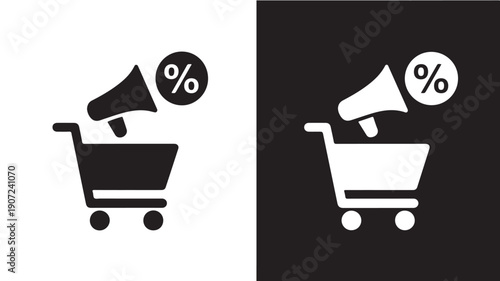 Minimalist icon design of a shopping cart with a megaphone announcing a sale, symbolizing commerce and marketing