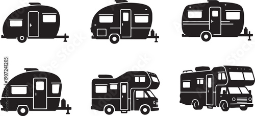 Black Solid Vintage Camper and RV Silhouettes Set of Six on White Background