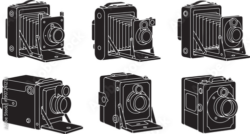 Black Solid Vintage Box Camera Silhouettes Set of Six on White Background