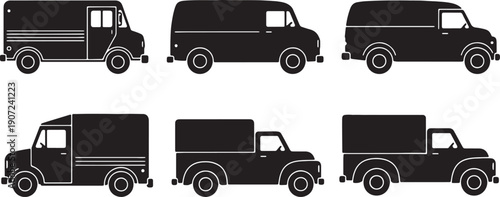 Black Solid Vintage Delivery Van Silhouettes Set of Six on White Background