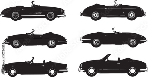 Black Solid Vintage European Convertible Silhouettes Set of Six on White Background