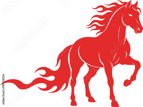 Red Horse Silhouette Illustration with Flowing Mane and Flame Tail in Powerful Standing Pose for Logos Branding and Vector Design Projects