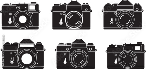 Black Solid Vintage Film Camera Silhouettes Set of Six on White Background