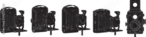 Black Solid Vintage Folding Camera Silhouettes Set of Six on White Background