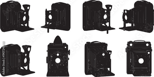 Black Solid Vintage Folding Roll Film Camera Silhouettes Set of Six on White Background