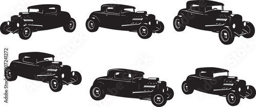 Black Solid Vintage Hot Rod Silhouettes Set of Six on White Background