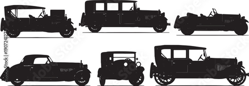 Black Solid Vintage Luxury Car Silhouettes Set of Six on White Background