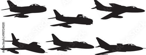 Black Solid Vintage Jet Fighters Silhouettes Set of Six on White Background