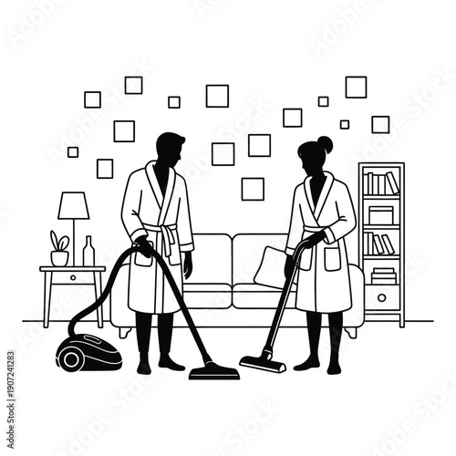 A couple in bathrobes vacuuming their living room together