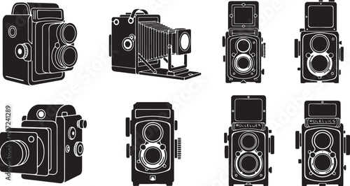 Black Solid Vintage Press Camera Silhouettes Set of Six on White Background