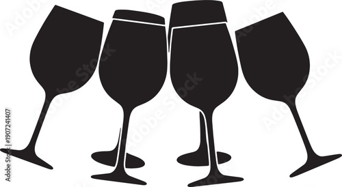 Black Solid Wedding Anniversary Wine Glasses Silhouettes Set of Six on White Background