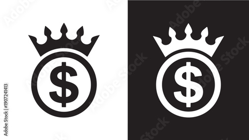 Minimalist vector icon of a crowned dollar sign in black and white, symbolizing financial success, wealth, premium investment, and economic power
