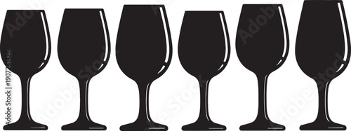 Black Solid Weighty Wine Glasses Silhouettes Set of Six on White Background
