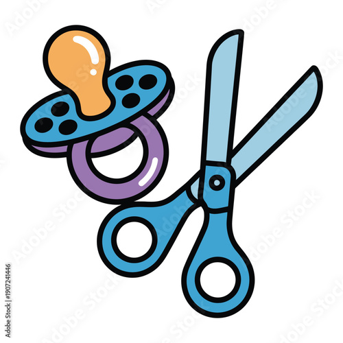 A cartoon illustration of a pacifier and scissors on a white background, symbolizing weaning a baby from a pacifier.