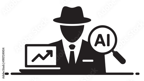 Strategic AI analysis and market surveillance, an icon of a professional examining data trends with artificial intelligence for business intelligence
