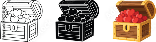 Treasure chest overflowing with red hearts a symbol of love and wealth presented in outline silhouette and full color vector styles for design