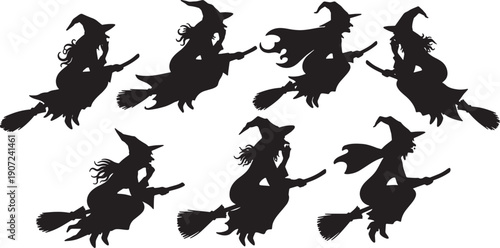 Black Solid Whispering Witches Flight Silhouettes Set of Six on White Background