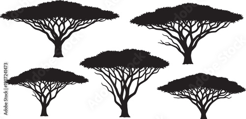 Black Solid Wide Savannah Tree Silhouettes Set of Six on White Background