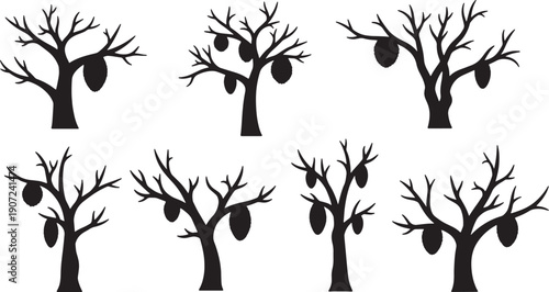 Black Solid Wild Beehive Tree Silhouettes Set of Six on White Background