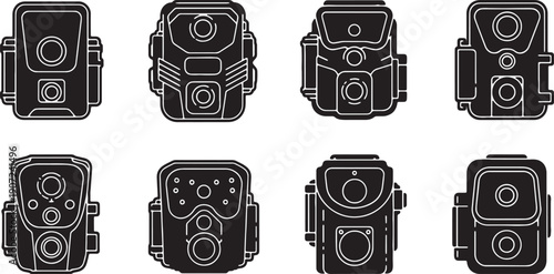Black Solid Wildlife Trail Camera Silhouettes Set of Six on White Background