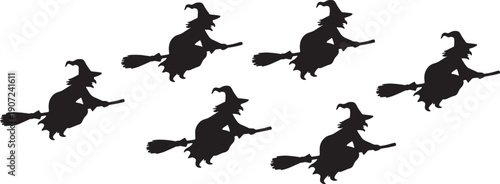 Black Solid Witch Group Flight Silhouettes Set of Six on White Background