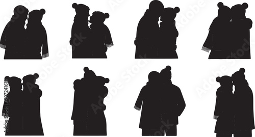 Black Solid Winter Clothing Couple Hugs Set of Six on White Background