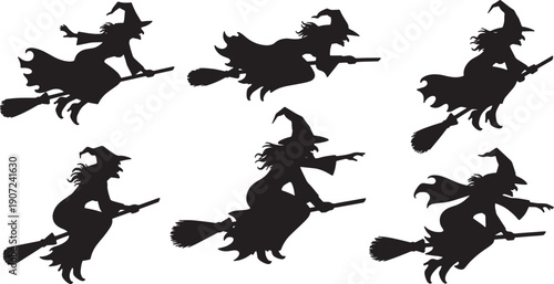 Black Solid Witch Flight Pattern Silhouettes Set of Six on White Background
