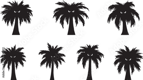Black Solid Withered Old Palm Tree Silhouettes Set of Six on White Background