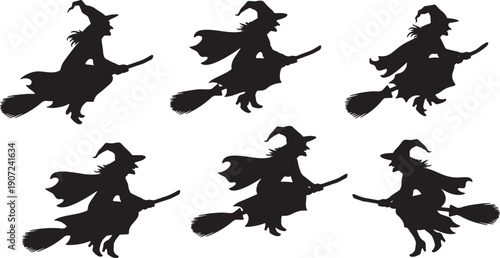 Black Solid Witch Takeoff and Landing Silhouettes Set of Six on White Background