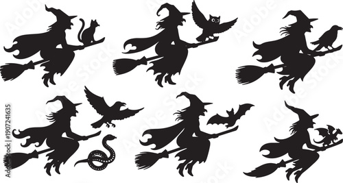 Black Solid Witch with Familiars Silhouettes Set of Six on White Background
