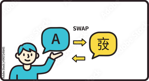 Vector illustration of person holding speech bubbles with English 'A' and Japanese character, language translation concept