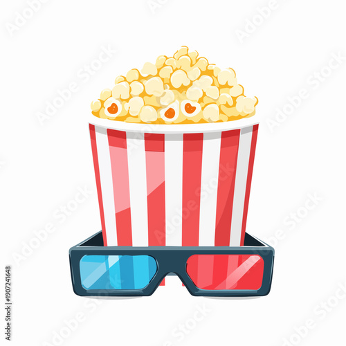 Enjoy a cinematic treat with this vibrant illustration featuring a striped bucket of popcorn and stylish 3D glasses, representing fun movie nights and entertainment