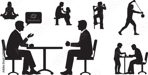 Black Solid Work Life Balance Discussion Silhouettes Set of Six on White Background