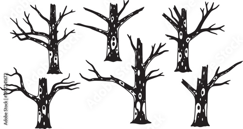 Black Solid Woodpecker Hole Tree Silhouettes Set of Six on White Background