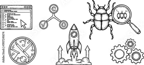 Software development icons illustration, coding browser window, version control diagram, debugging bug magnifying glass, rocket launch deployment, gears engineering, time management concept