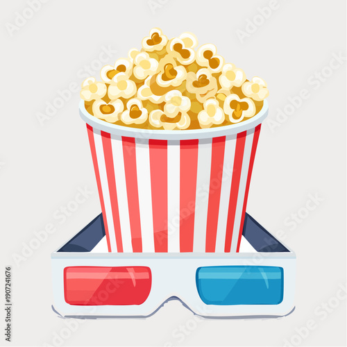 Illustration of a striped popcorn bucket filled with kernels, paired with 3D glasses, perfect for a fun movie night or immersive cinematic entertainment