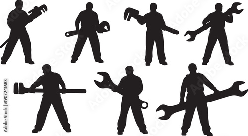 Black Solid Mechanic With Wrench Silhouettes Set of Six on White Background