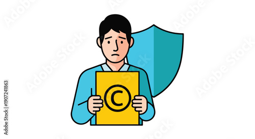 Sad man holding copyright symbol with shield, intellectual property protection vector illustration isolated on white