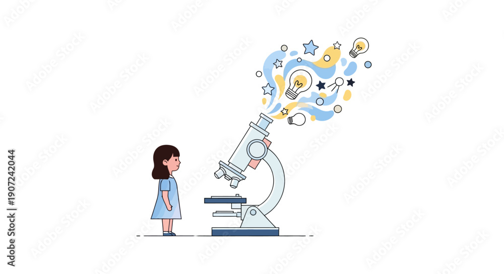 Fototapeta premium A young girl in a blue dress looks through a microscope with a creative burst of science icons and symbols emanating from it, on a white background with a mix of blue, yellow, and white