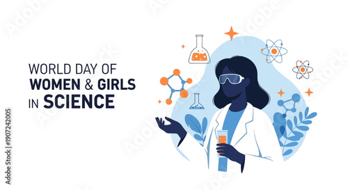 Illustration of a female scientist with test tube and various science icons for World Day of Women and Girls in Science in a vector design with a professional and educational mood.